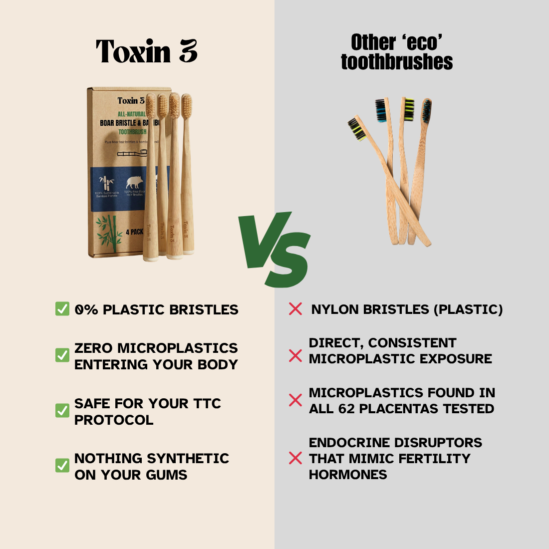 Toxin 3 Plastic-Free Toothbrush - Boar or Horse Hair (4-pack)